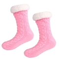 Pink thermal knit slipper socks with white plush trim and non-slip soles for indoor use - One Size / Pink
