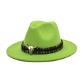 Detail view of the bright green wool fedora with ethnic woven band and bull skull pendant - M (56-58cm) / Fruit Green
