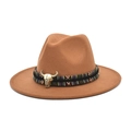 Detail of felt fedora hat featuring colorful ethnic woven band and bronze bull skull charm - M (56-58cm) / Khaki