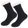Thick knit slipper socks with warm fleece lining and non-slip grippers on sole - One Size / Black