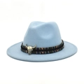 Close-up of blue fedora with ethnic woven band and bronze bull skull accessory - M (56-58cm) / Sky Blue