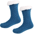 Blue knit slipper socks with thick white fleece lining and non-slip rubber dots - One Size / Lake Blue