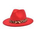 Close-up of red wool fedora hat featuring a leopard print band and gold metal rivet - M (56-58cm) / Red