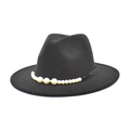 Detail of black wool fedora hat featuring elegant faux pearl beading and gold accents - M (56-58cm) / Black
