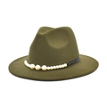 Detail of olive green fedora hat featuring a pearl beaded band with gold accents - M (56-58cm) / Army Green