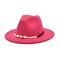 Magenta wide brim wool felt jazz hat featuring elegant pearl embellishments on black ribbon - M (56-58cm) / Rose Red