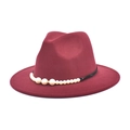 Close-up of wine red wool fedora hat featuring elegant faux pearl beaded band detail - M (56-58cm) / Burgundy