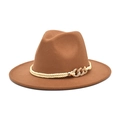 Close-up of brown wool fedora hat featuring golden metal chain and woven rope band detail - M(56-58cm) / Khaki