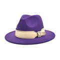 Detail of deep purple wool fedora hat featuring a beige leather band with metal buckle - M (56-58cm) / Purple