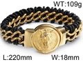 Men's gold lion head braided leather bracelet with heavy stainless steel chain detail - Gold Wolf Head