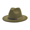 Detail of dark green felt fedora hat featuring a black leather band and gold chain link - M (56-58cm) / Army Green