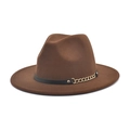 Classic dark brown wool fedora hat with black leather belt and gold chain decoration - M (56-58cm) / Coffee
