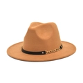 Vintage camel wool fedora hat with black leather belt and gold chain decoration - M (56-58cm) / Camel
