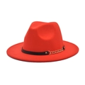 Detail of red wool felt fedora hat featuring a black leather band and gold chain accent - M (56-58cm) / Orange Red
