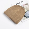 Thick khaki ribbed knit beanie hat for winter outdoor warmth with rolled edge style - Khaki