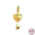 925 sterling silver heart honeycomb bead charm with gold plating and hanging honeybee - SCC1714 Beehive Heart
