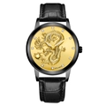 Men's quartz watch with 3D golden dragon pattern on black dial and leather strap - Gold Dial Black Case Black Strap