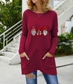 Detail of Christmas gnome print on wine red long sleeve T-shirt dress with side pockets - S / Tops / Burgundy