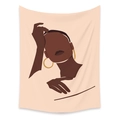Minimalist bohemian tapestry featuring an abstract black woman portrait in warm brown tones - LC-13 / 73X95CM (Brushed Fabric)
