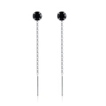 S925 sterling silver threader earrings with round black zircon and long tassels - 4-Claw Black Zirconia