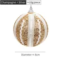 8cm Champagner goldener und silberner gestreifter Weihnachtsball mit Glitzer und Öse - 8cm/Stk/10g / Champagner