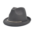 Close-up of dark grey wool felt fedora featuring a thin black band and gold metal trim - M / Dark Gray