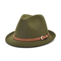 Détail d'un chapeau fedora en laine vert olive avec ruban en similicuir brun et boucle - M (56-58cm) / Vert Militaire