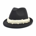 Detailed view of black wool fedora hat adorned with elegant faux pearl embellishments - M (56-58cm) / Dark Gray