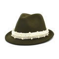 Detail of olive green wool fedora hat featuring a luxurious white pearl decorative band - M (56-58cm) / Army Green