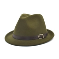 Cappello fedora in lana verde oliva con cintura in pelle marrone e fibbia oro - M (56-58cm) / Verde Militare