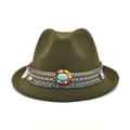 Detail of olive green felt fedora featuring bohemian beaded band and turquoise stone - M (56-58cm) / Army Green