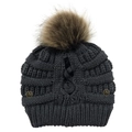 Detail of dark grey knit beanie featuring a brown faux fur pom and golden rose buttons - One Size / Gray