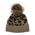 Close-up of leopard print knit beanie featuring a fluffy pompom and ribbed cuff detail - Adjustable / Camel