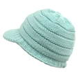 Detail showing the light blue chunky knit texture and protective visor of the winter hat - One Size / Light Blue