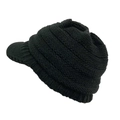 Close-up of black chunky knit texture and short brim on this thermal winter beanie hat - One Size / Black