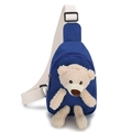 Navy blue kids canvas chest bag with cute plush teddy bear and adjustable strap - Little Bear Blue