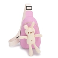 Pink canvas crossbody chest bag for kids featuring a cute plush bunny doll decoration - Rabbit Pink