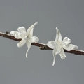 Handcrafted S925 sterling silver iris flower stud earrings on a natural branch - Silver