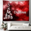 Detail of red Christmas tapestry featuring festive snowman and tree icons for wall decor - 150x130cm / Creative Hand Drawn Christmas Tree