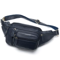 Dunkelblaue Bauchtasche aus genarbtem Leder für Herren mit Reißverschlüssen und Gurt - Blau