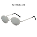 Retro oval metal frame sunglasses in full silver finish with black anti-slip temple tips - Silver/Silver Lens