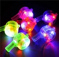Pack of 5 transparent plastic whistles with colorful glowing LED lights in dark background - Glowing Transparent Whistle
