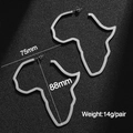 Detailed size view of silver Africa map outline earrings with 75mm by 88mm dimensions - Height 88mm / Steel
