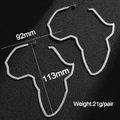 Detailed size view of large silver Africa map hoop earrings with measurements and weight - Extra Large Height 113mm / Steel