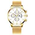 Détail d'une montre homme à quartz avec bracelet en maille dorée et affichage de date - Bracelet Or Boîtier Or Cadran Blanc Aiguilles Dorées
