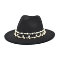 Elegant black wool fedora hat with a dual-layer pearl headband for stylish women - M (56-58cm) / Black