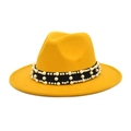 Yellow wool fedora hat for women with black ribbon and pearl accents in a classic style - M (56-58cm) / Yellow