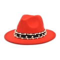 Close-up of red wool fedora hat featuring double-row pearl beaded black decorative band - M (56-58cm) / Orange Red