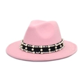 Detail of pink wool fedora hat featuring black ribbon band with faux pearl embellishments - M (56-58cm) / Pink