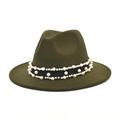 Detail of dark olive wool fedora hat featuring black band with elegant white pearl accents - M (56-58cm) / Army Green